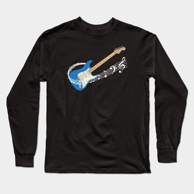 Music Staff Lake Placid Blue Electric Guitar Long Sleeve T-Shirt by nightsworthy